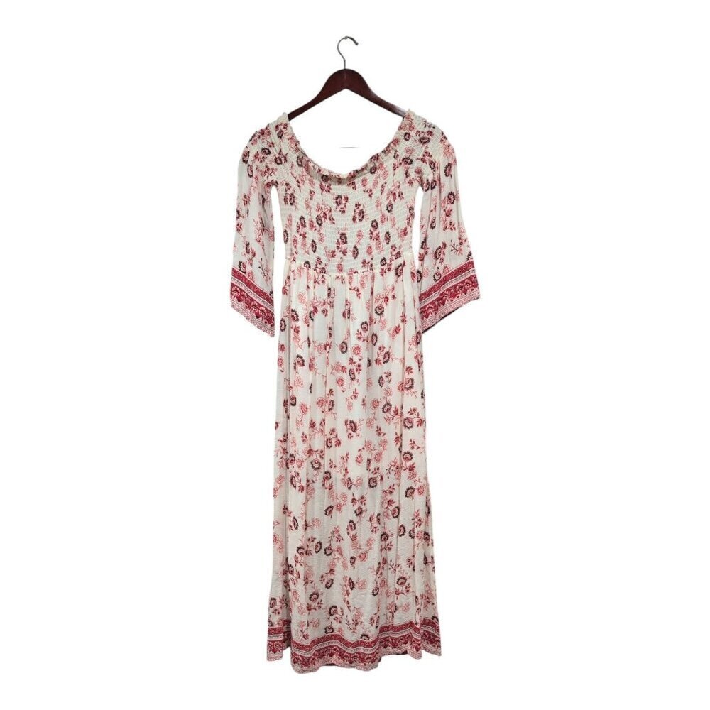 Altar'd State Sz S Floral Off the Shoulder Smocked 3/4 Sleeve Maxi Dress Cottage